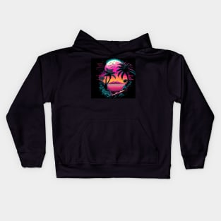 Retro sunset with palm trees and mysterious island Kids Hoodie